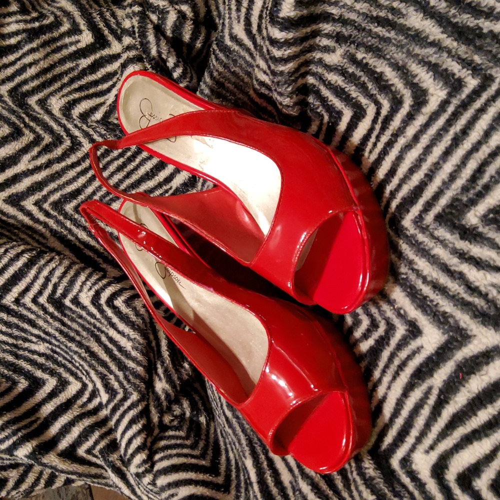 Jessica Simpson Red Patent Peep-Toe Wedge Slingbacks
